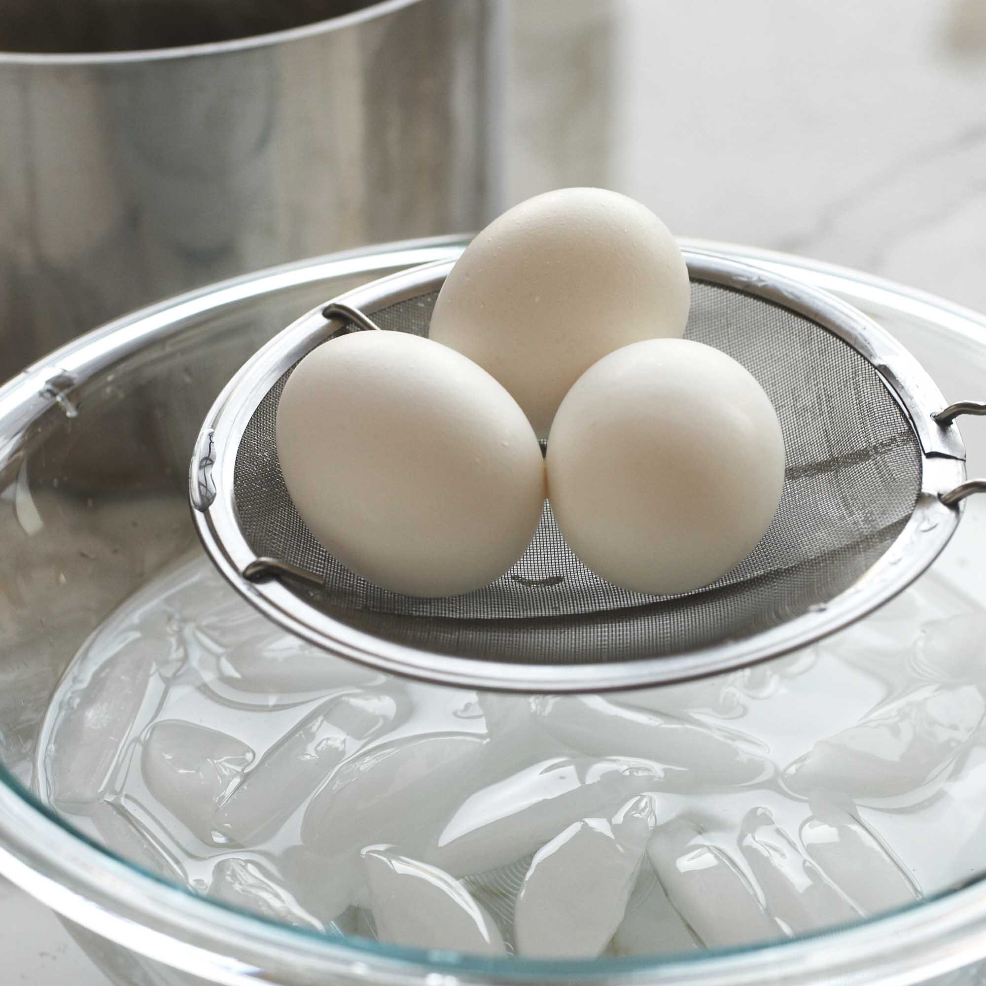 whole eggs in an ice water bath