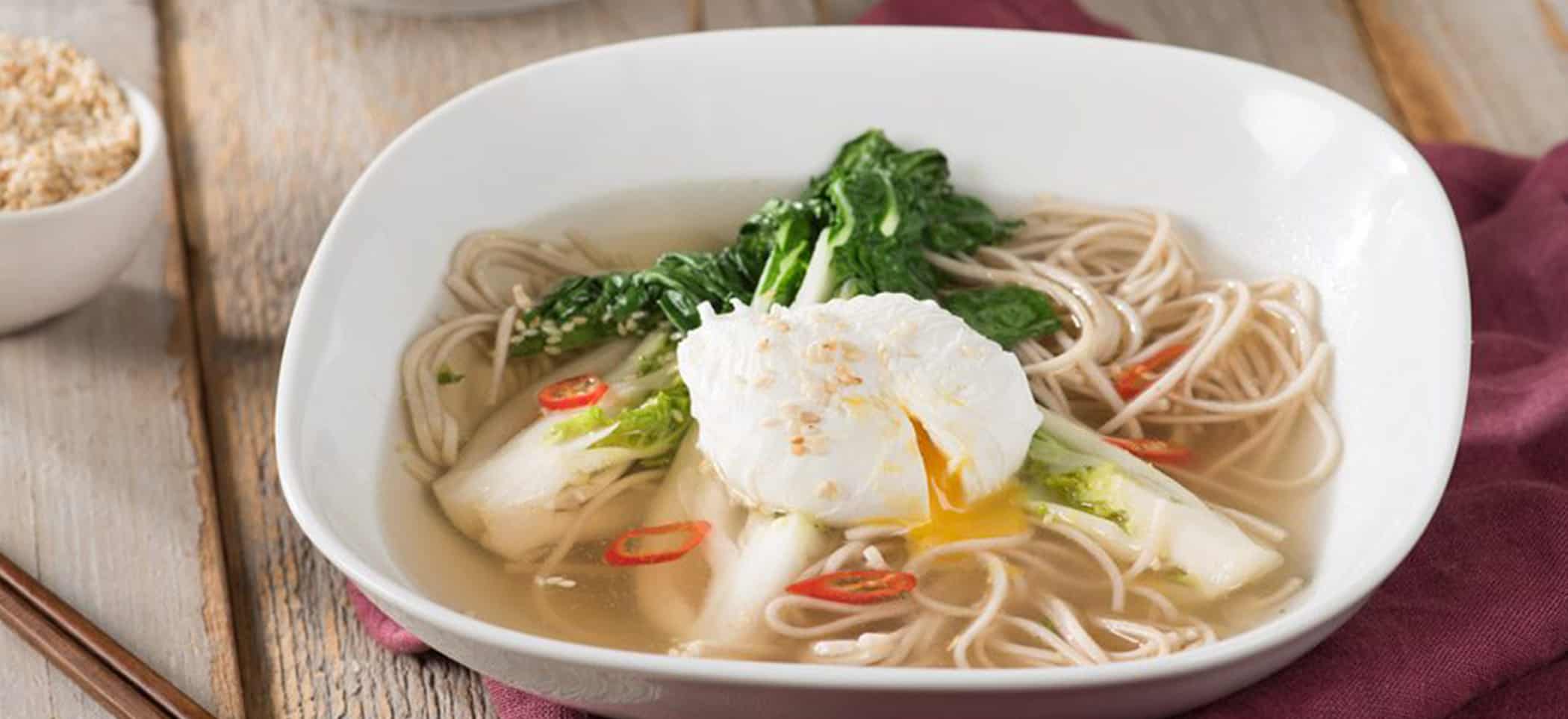 Soba Noodle & Bok Choy Soup with Poached Eggs