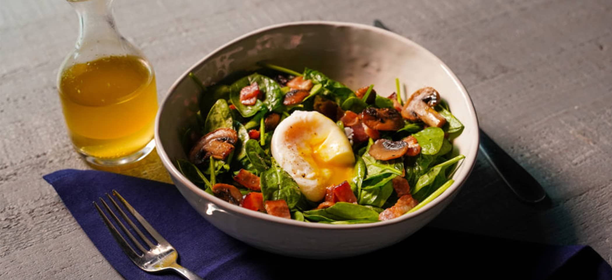 Spinach Salad with Bacon, Mushrooms, Poached Eggs and Bacon Vinaigrette