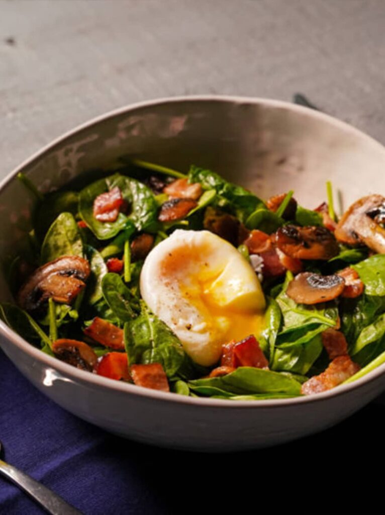 Spinach Salad with Bacon, Mushrooms, Poached Eggs and Bacon Vinaigrette