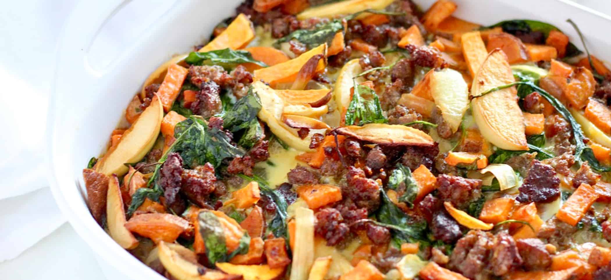 Caramelized Onion, Apple, And Sweet Potato Overnight Breakfast Bake