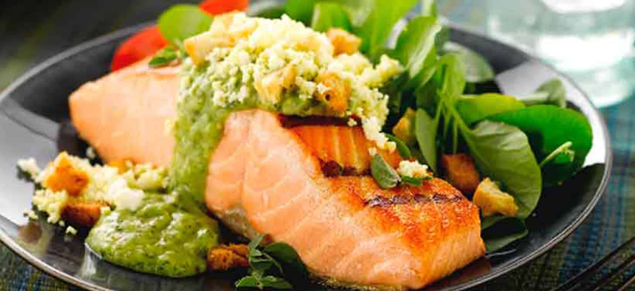 Grilled Wild Salmon with Avocado Salsa and Grated Egg Crouton Topper