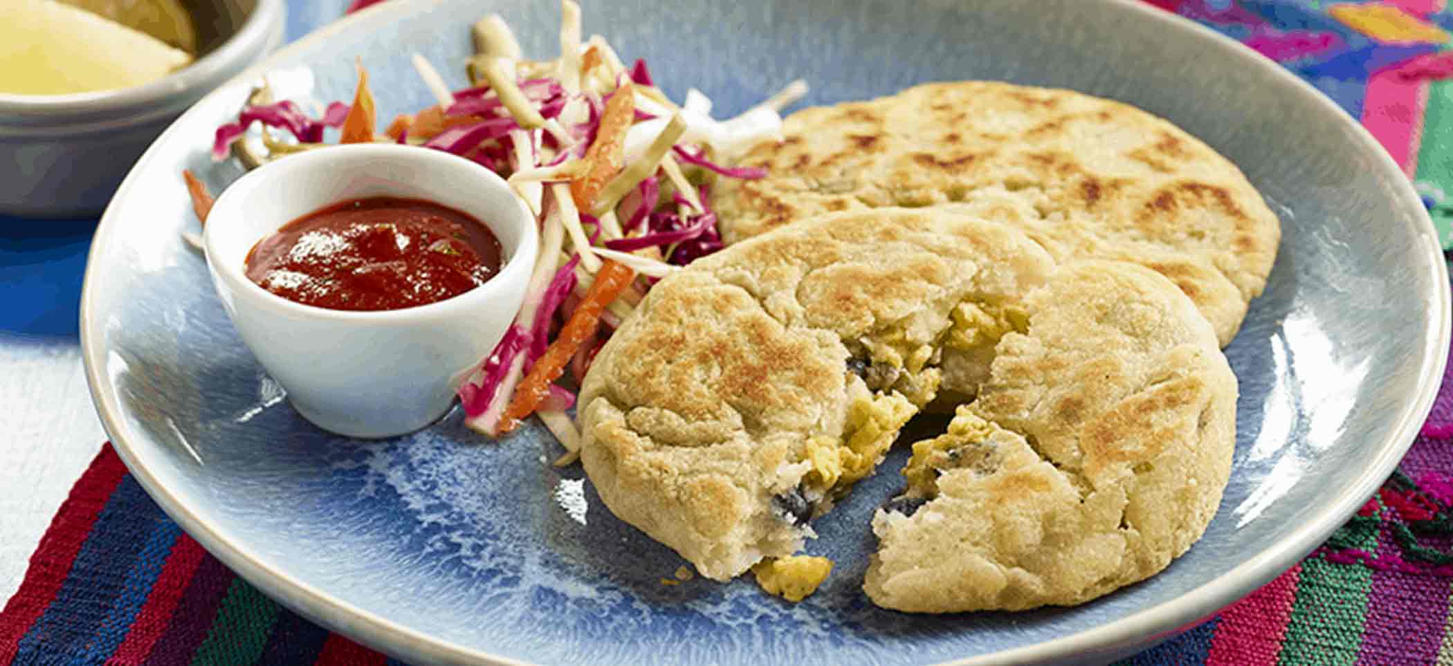 Pupusa With Scrambled Eggs and Black Beans (El Salvador)