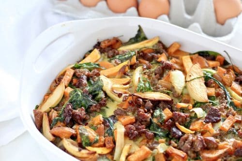 Carmelized Onion, Apple, and Sweet Potato Overnight Breakfast Bake