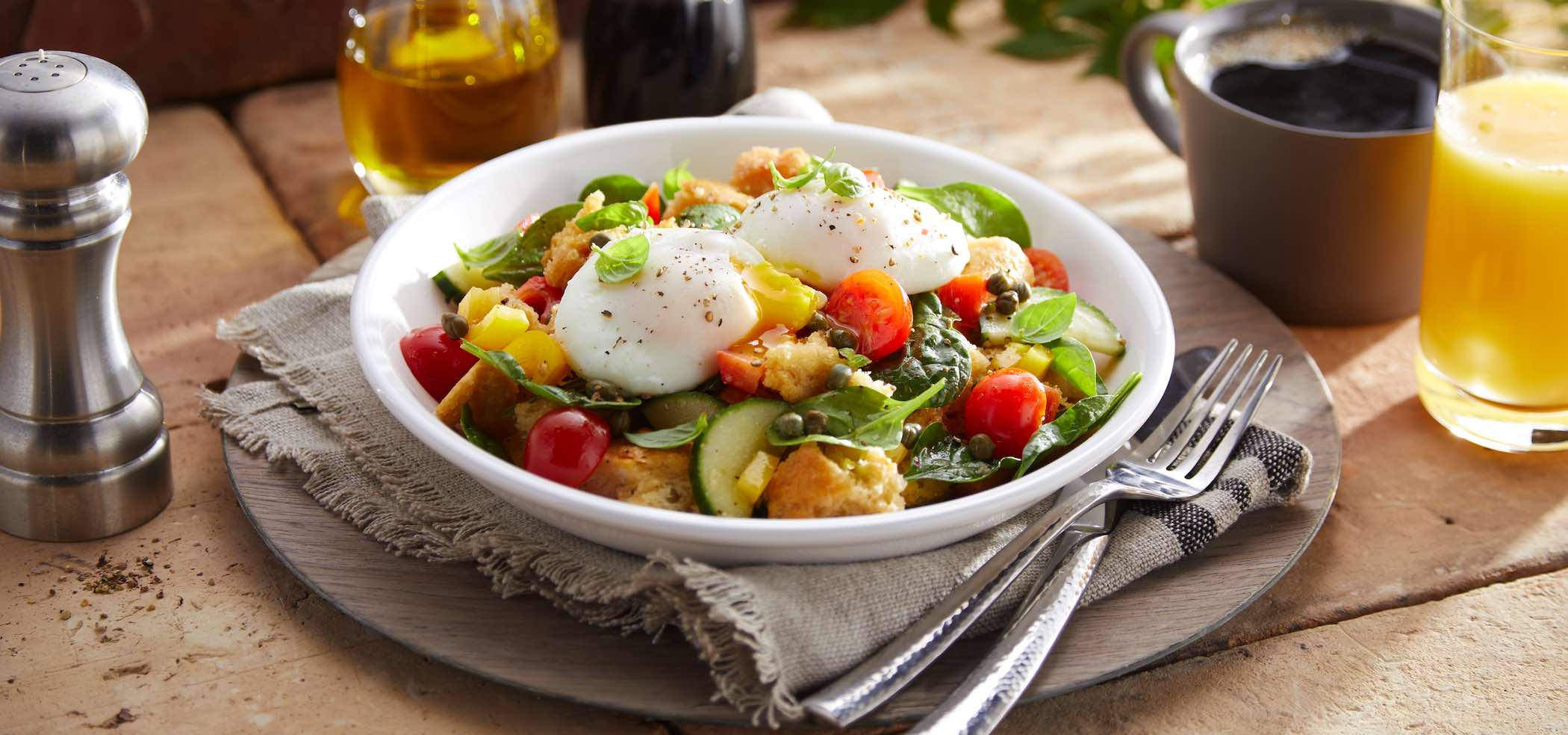 Breakfast Panzanella Bowl With Soft Poached Eggs