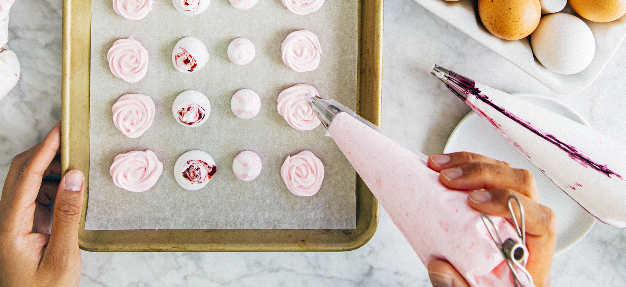 Raspberry, Rose, and Mint Striped Meringues