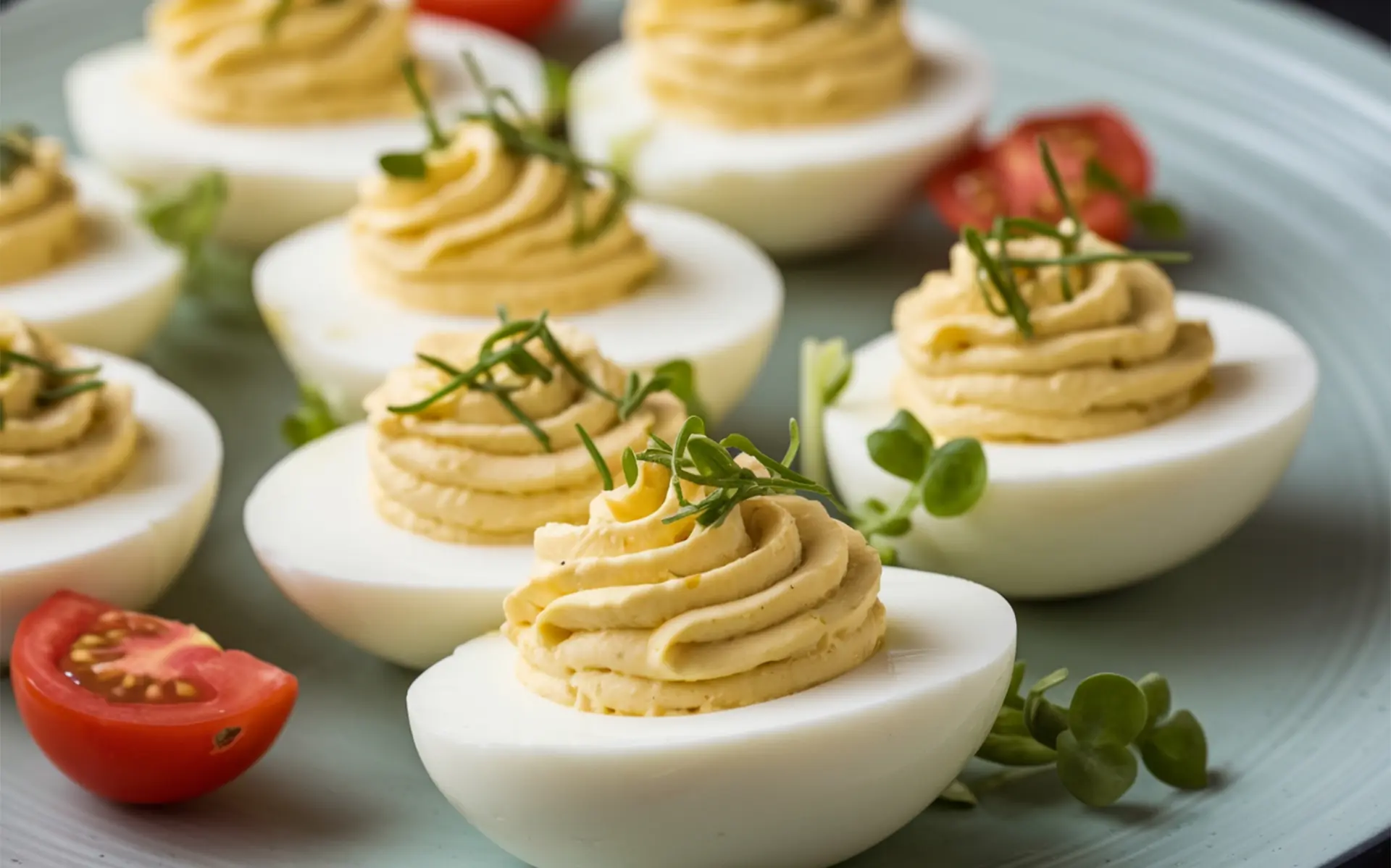 Platter of classic deviled eggs with piped filling, garnished with herbs and cherry tomatoes