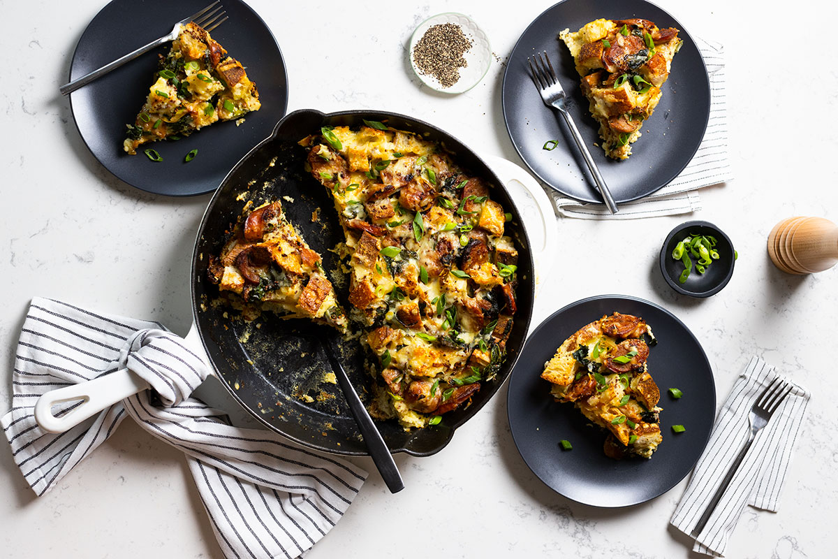 Cheesy Kale And Apple Sausage Strata