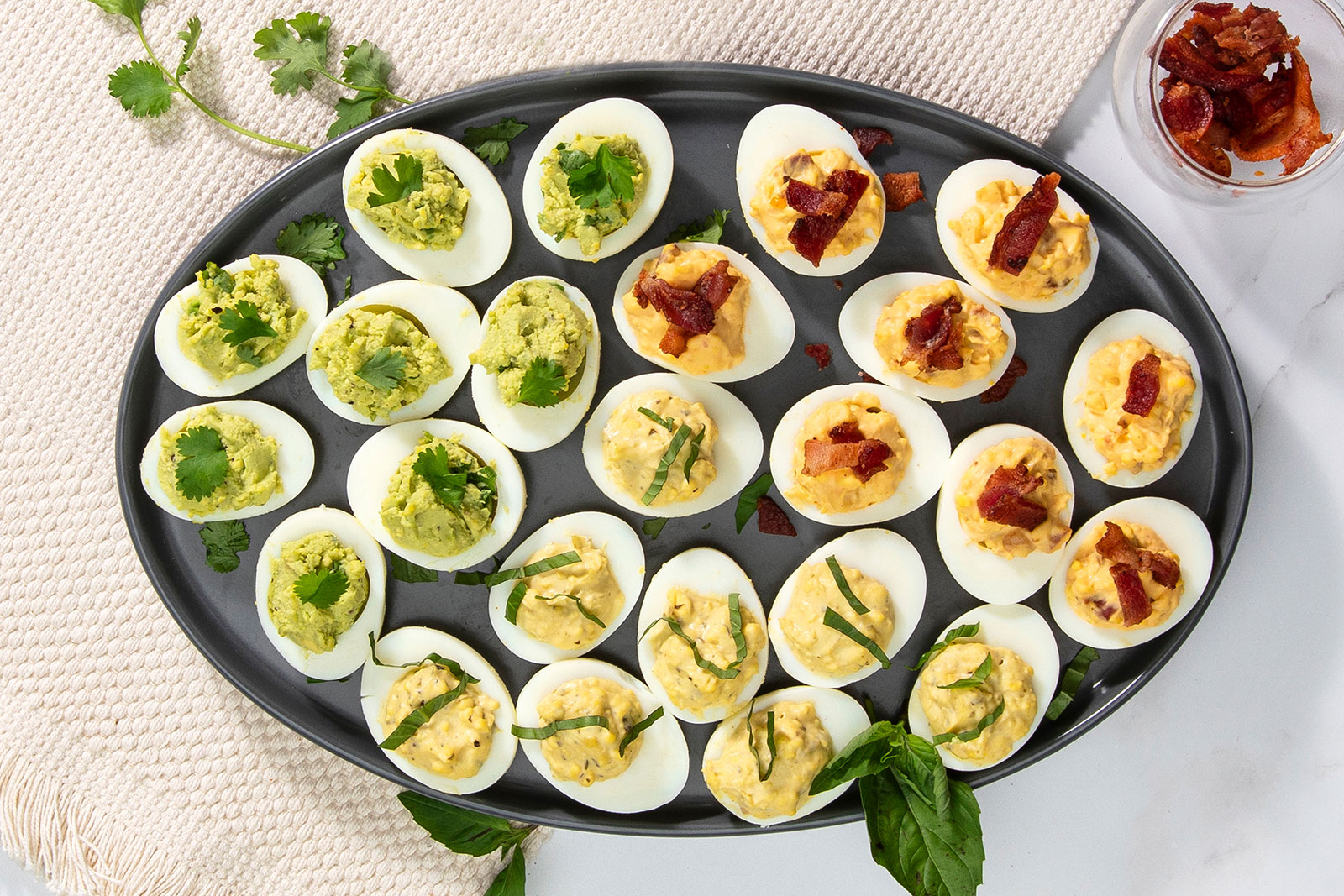 Deviled Eggs 3 Ways (Pesto, Smoky Bacon, Avocado)