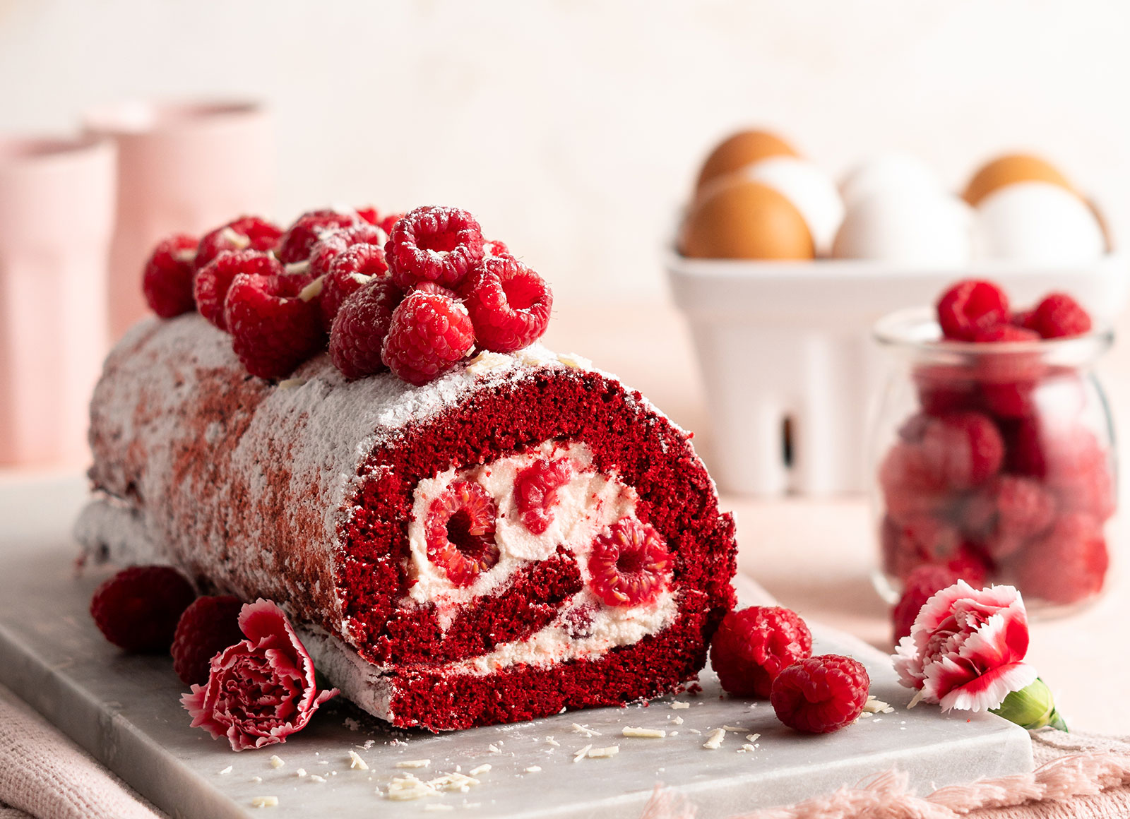Red Velvet Roll Cake with Raspberry White Chocolate Filling