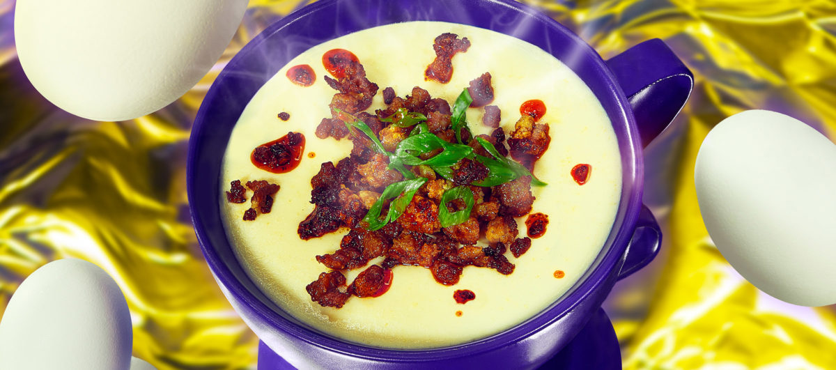 Steamed Egg in a Mug with Crispy Pork