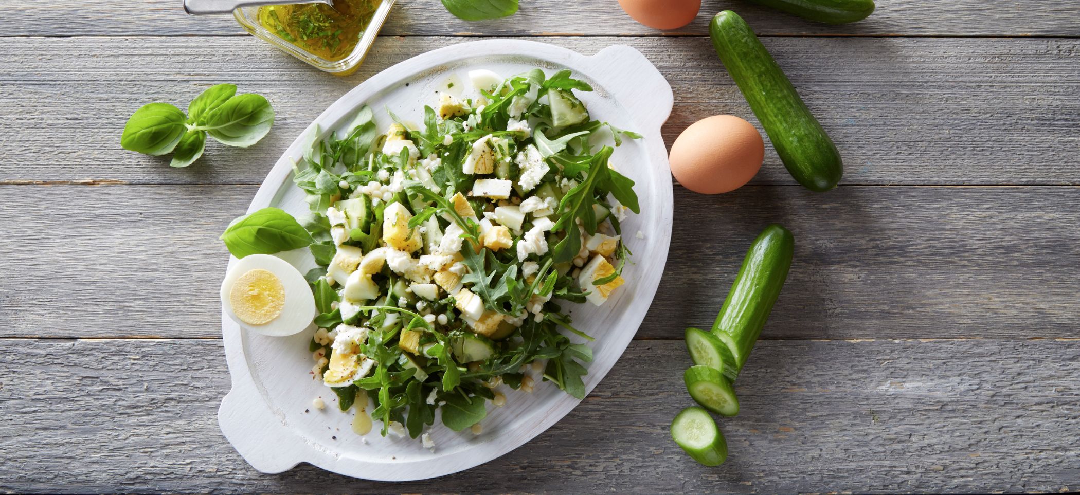 Egg, cucumber, arugula salad