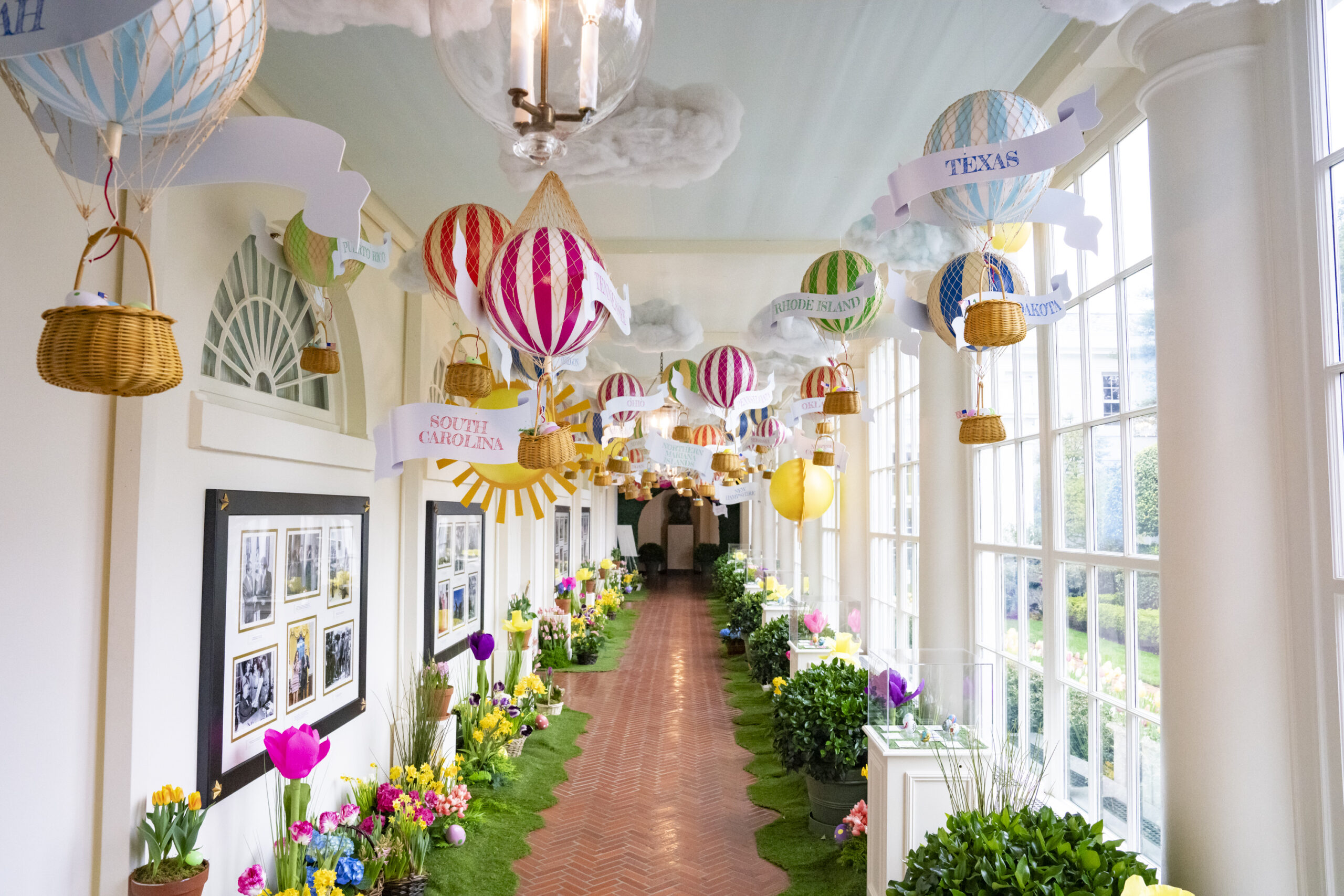 Decorations for the 2024 White House Easter Egg Roll are displayed in the East Colonnade, Wednesday, March 27, 2024, including eggs designed by military-connected children, at the White House. (Official White House Photo by Erin Scott)