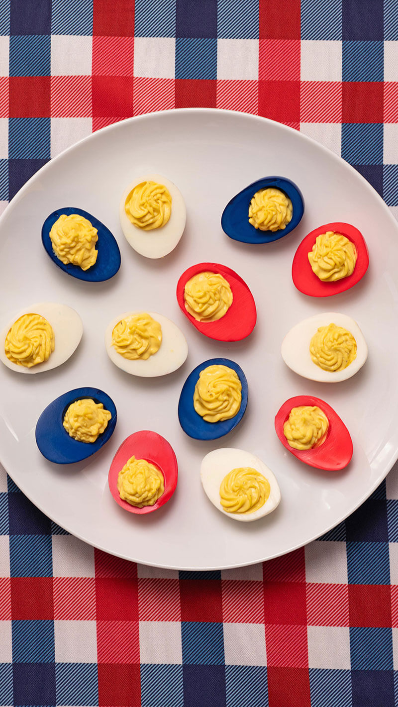 Red, White, and Blue Deviled Eggs on a plate