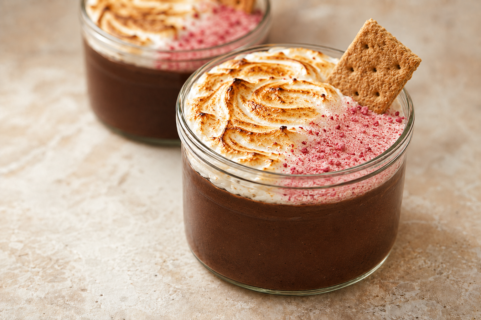 S’mores chocolate mousse topped with toasted marshmallow, raspberry sand and a graham cracker quarter.