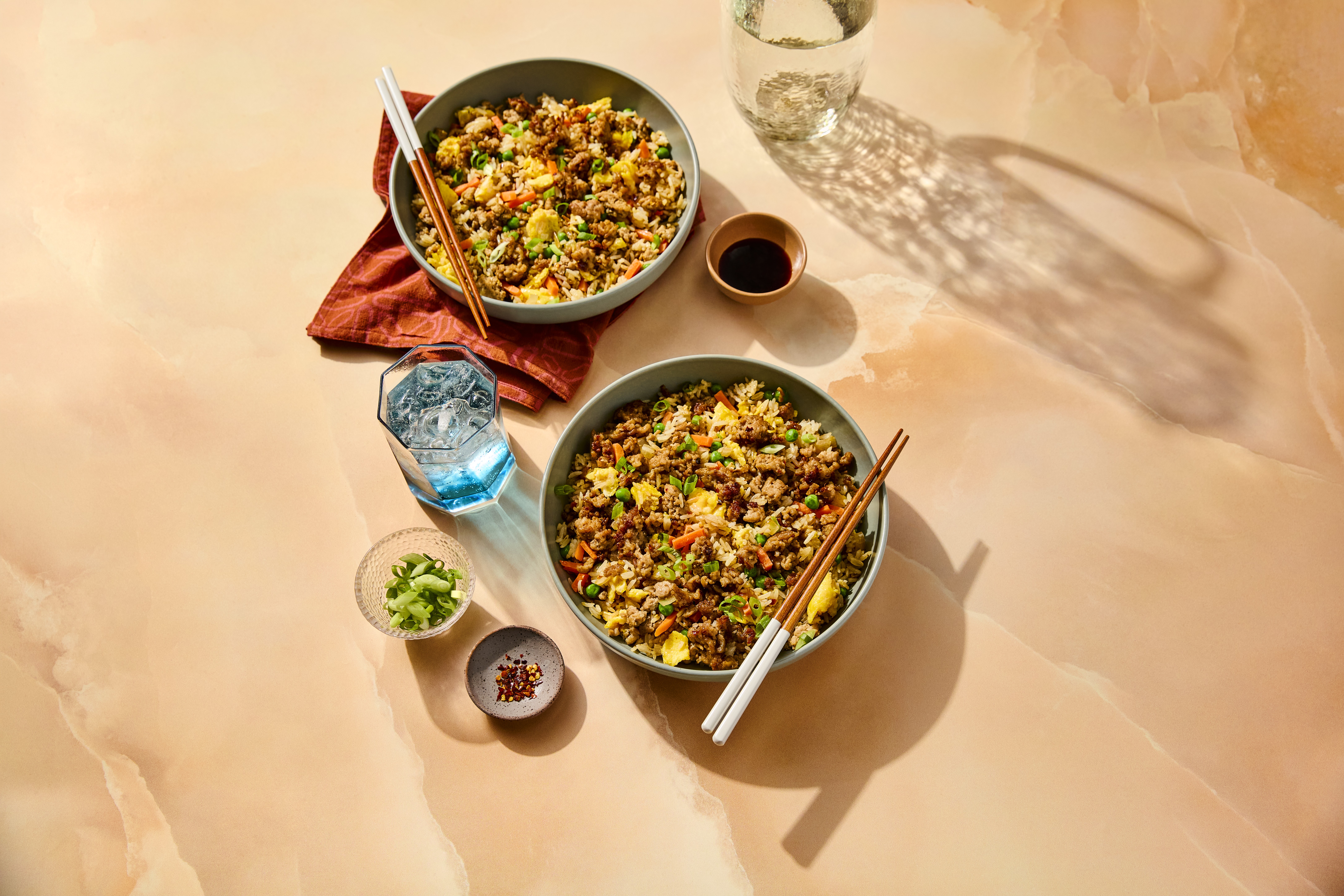 egg fried rice with ground pork and vegetables